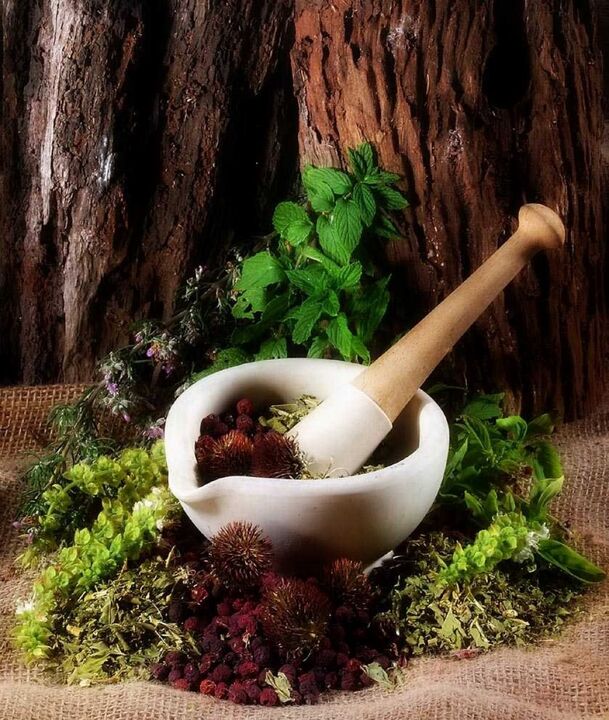 mortar with herbs to increase men's strength